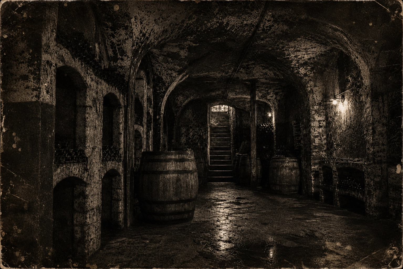 Antica cantina buia con botti, bottiglie e muro in mattoni