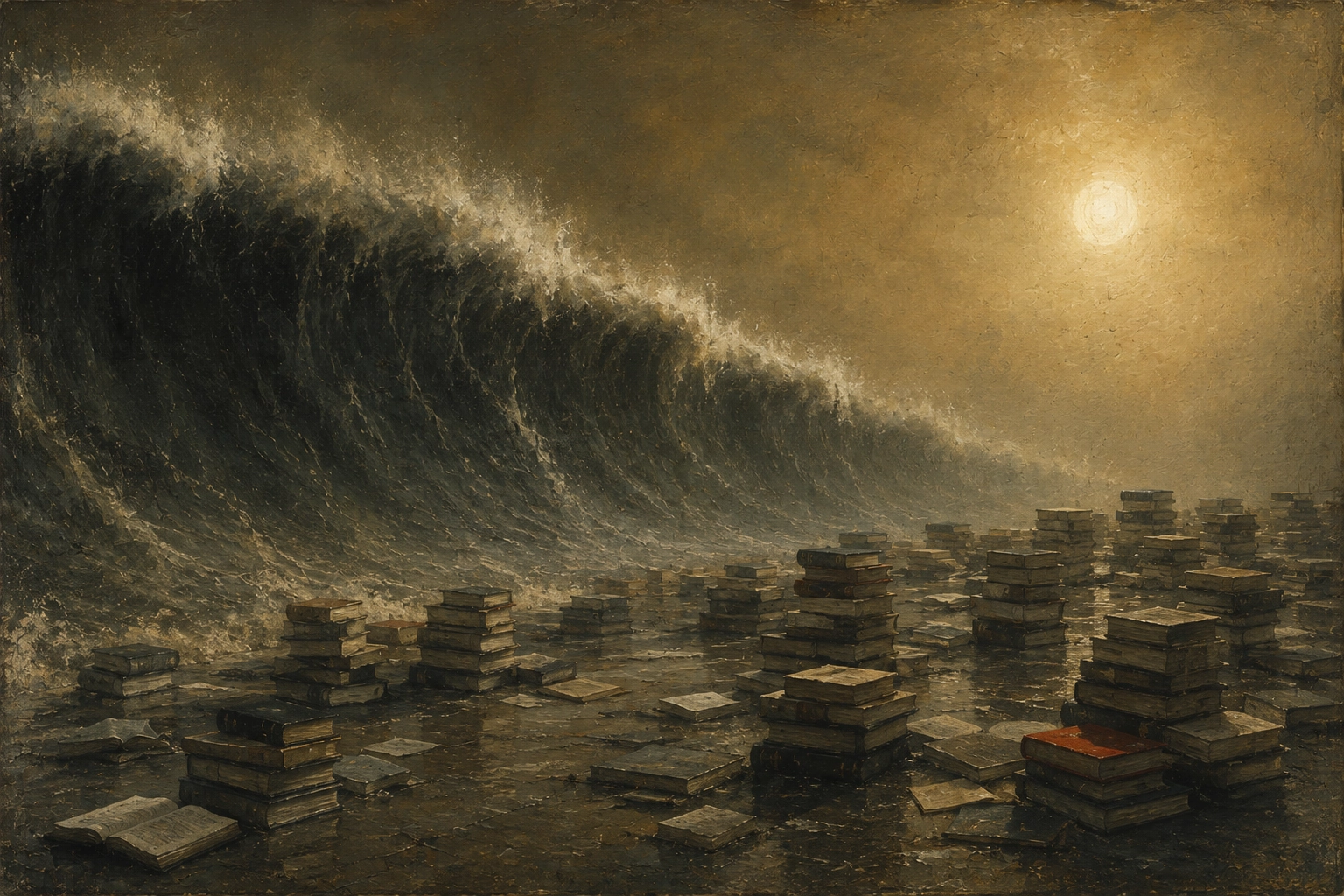 Una grande onda travolge numerose pile di libri disposte su una superficie scura
