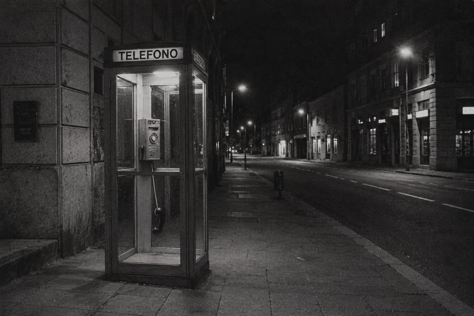 Cabina telefonica illuminata lungo una strada deserta di notte, con edifici e lampioni sullo sfondo