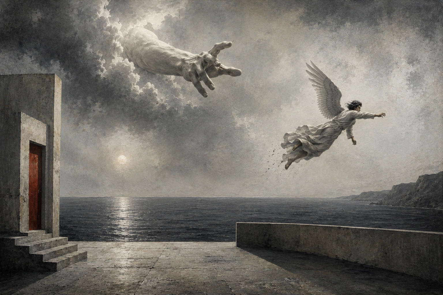 Angelo in volo sopra il mare mentre una grande mano emerge dalle nuvole cercando di raggiungerlo, accanto a una costruzione con porta rossa.