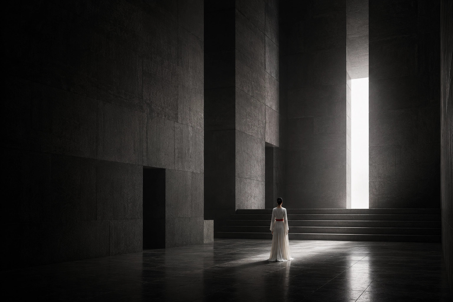 Donna in abito bianco davanti a una grande apertura luminosa all’interno di un ambiente monumentale scuro in pietra.