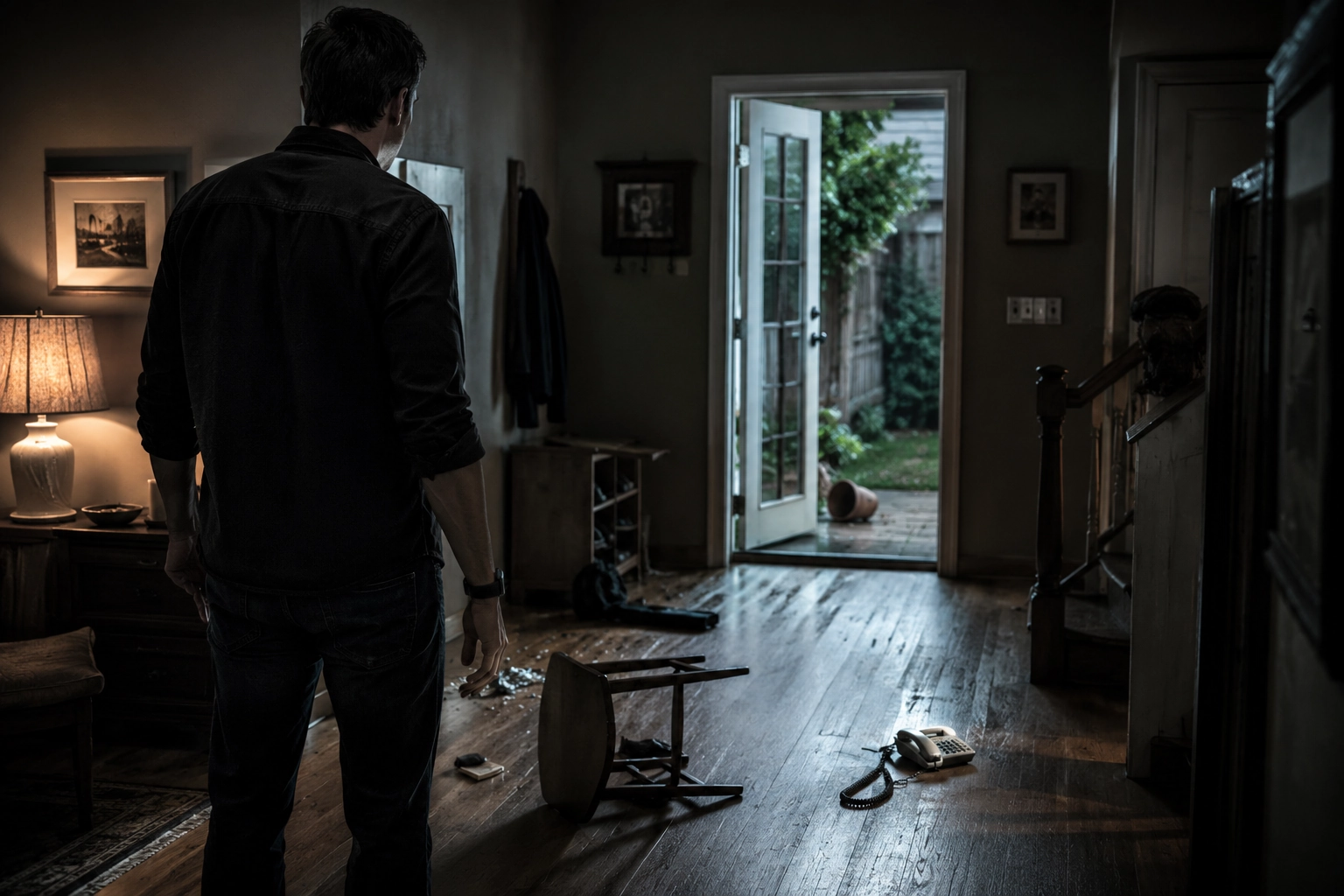 Un uomo entra in casa e trova una sedia rovesciata, il telefono fisso staccato e la porta sul retro aperta verso il giardino