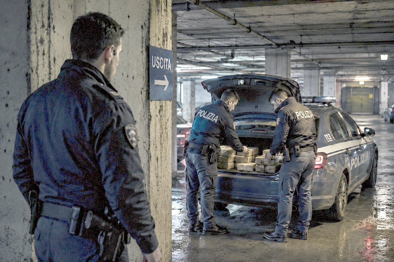 Due poliziotti sistemano pacchi nel bagagliaio aperto di un’auto di servizio mentre un collega li osserva nascosto dietro una colonna