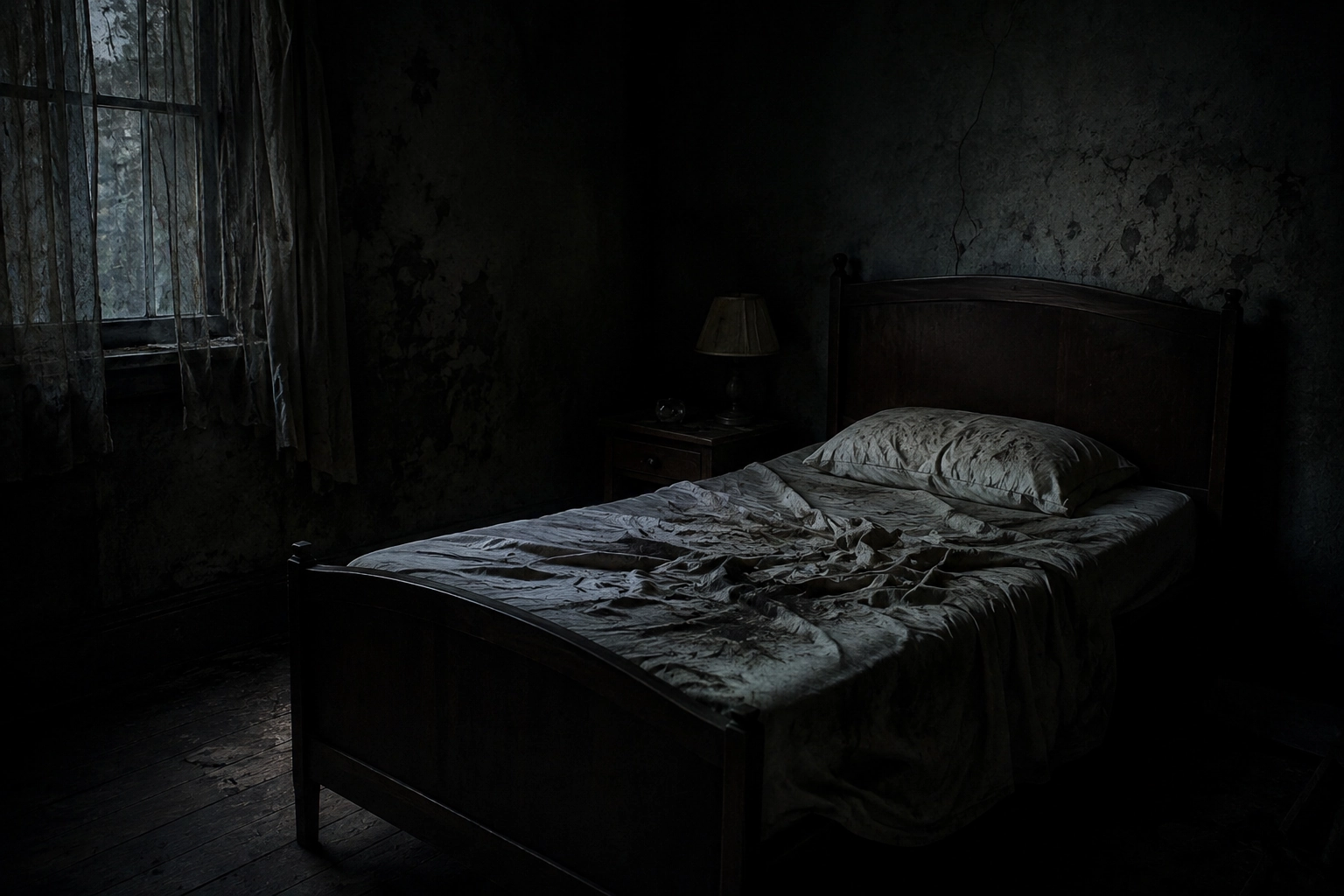 Letto matrimoniale in una camera buia e deteriorata, illuminata debolmente da una finestra laterale