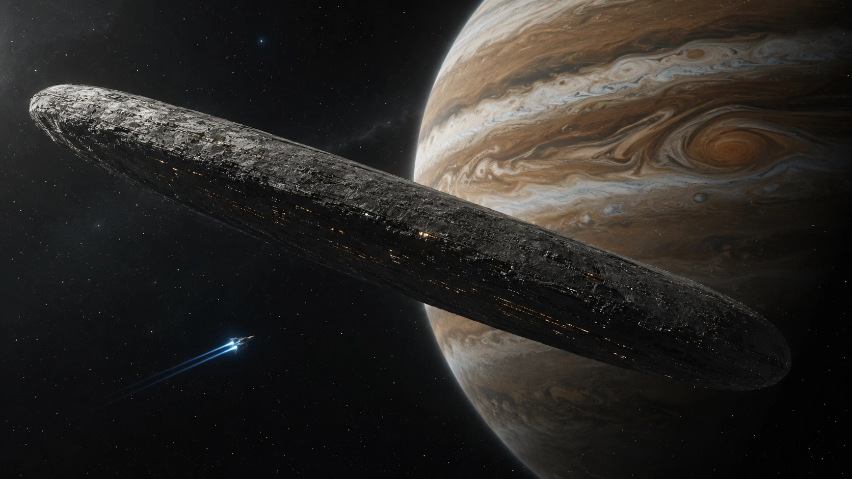 Enorme oggetto artificiale allungato nello spazio vicino a Giove, raggiunto da una piccola nave spaziale umana