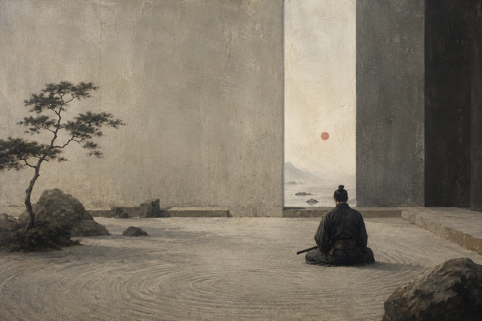 Samurai seduto in meditazione in un giardino zen, con la spada accanto, grandi pareti di pietra e un paesaggio montuoso sullo sfondo