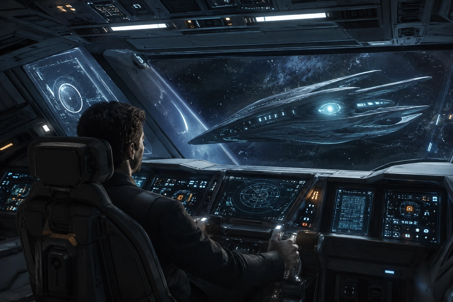 Pilota nella cabina di un’astronave umana davanti a una grande nave aliena nello spazio