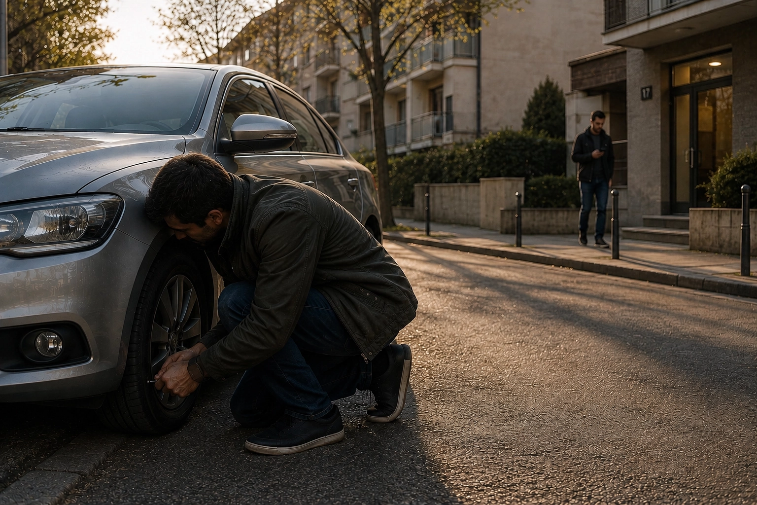 Uomo accovacciato accanto a un’auto mentre fora una ruota durante un viaggio nel tempo