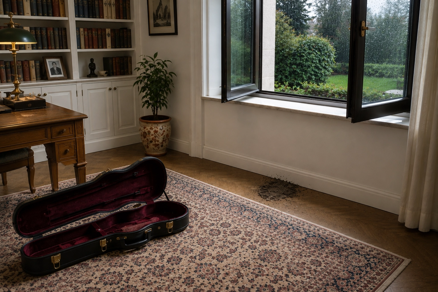 Custodia aperta di un violino lasciata vuota nello studio di una villa