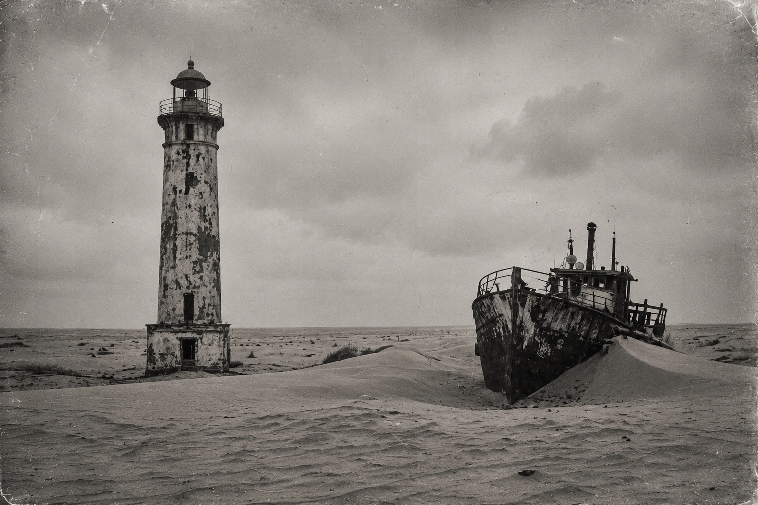 Un faro e una nave abbandonata emergono dalla sabbia lungo quella che un tempo era una costa