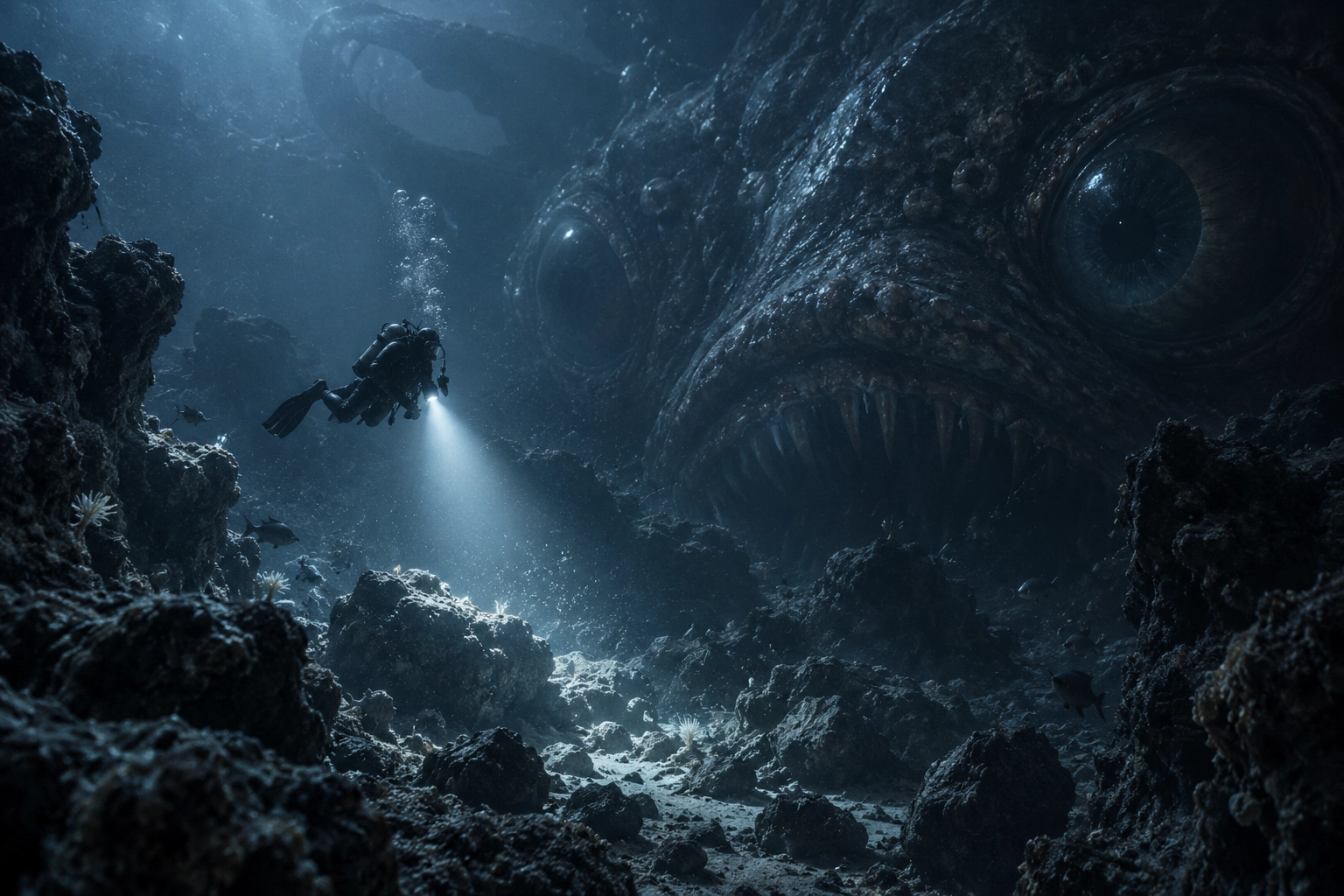 Sommozzatore esplora un fondale roccioso mentre dietro di lui emerge una gigantesca creatura marina con un enorme occhio