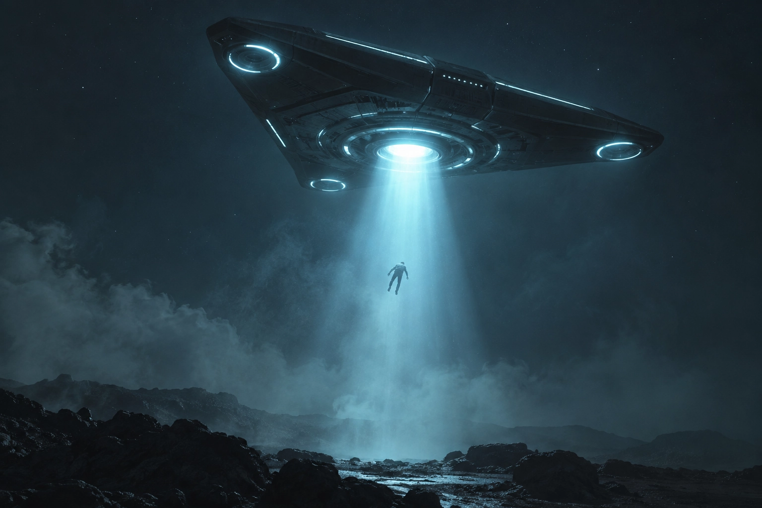 Uomo sollevato da un raggio luminoso proveniente da un UFO sopra una stazione meteorologica isolata