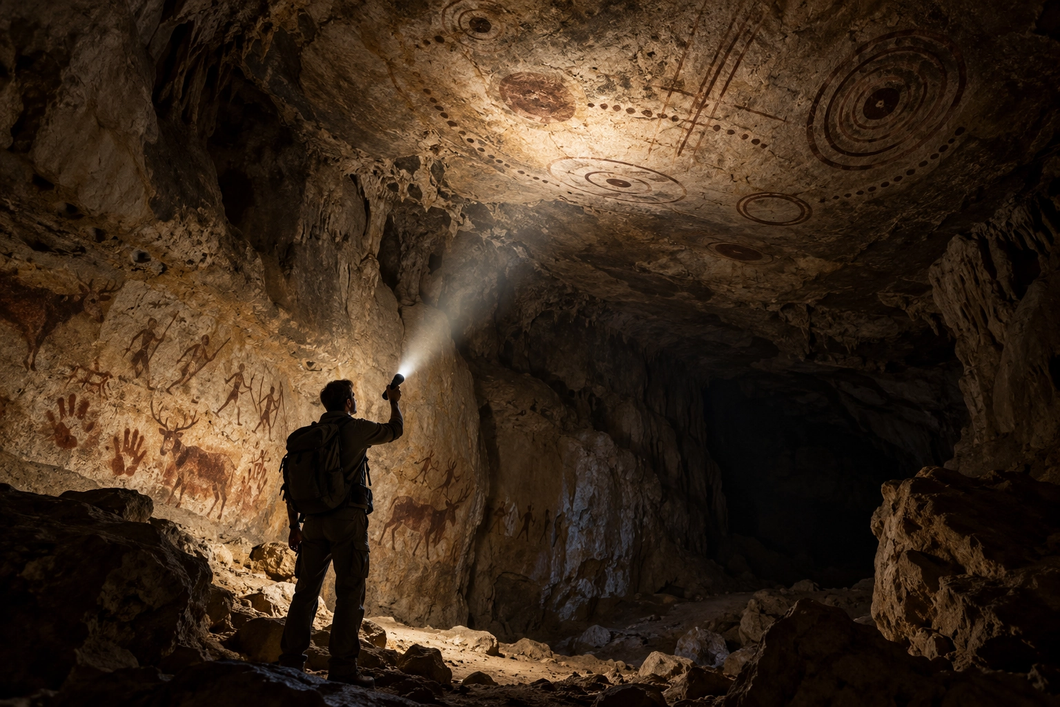 Pitture rupestri e figure geometriche sulle pareti e sulla volta di una grotta