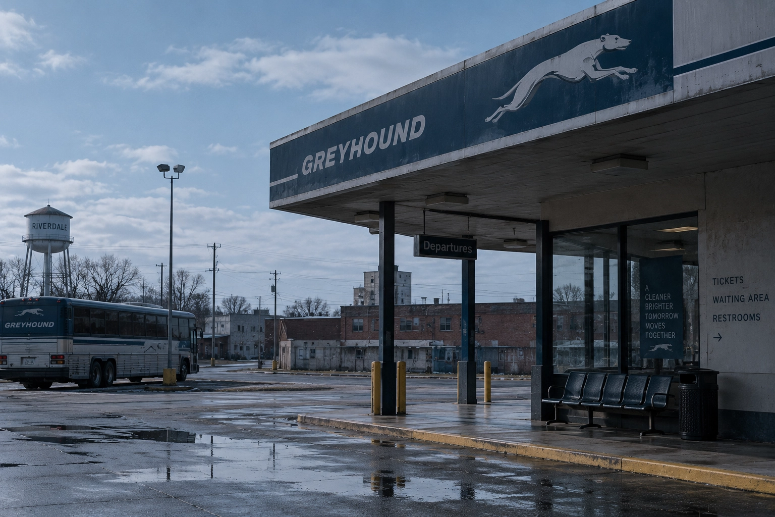 Autobus Greyhound fermo davanti a una piccola stazione americana