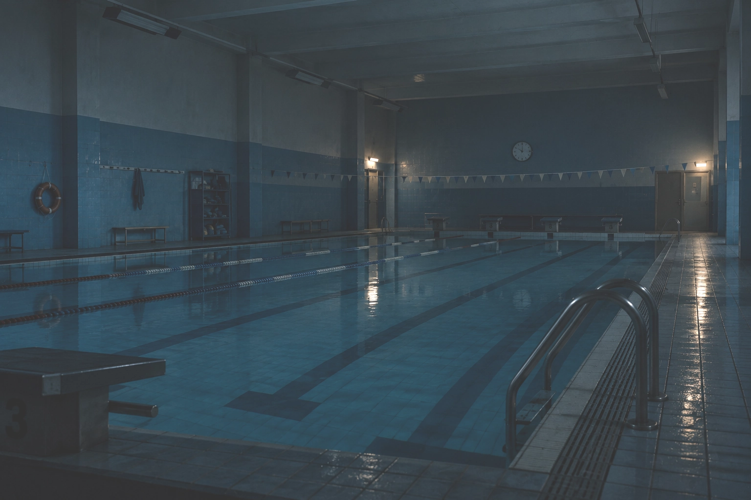 Piscina coperta vuota con corsie, blocchi di partenza e illuminazione artificiale