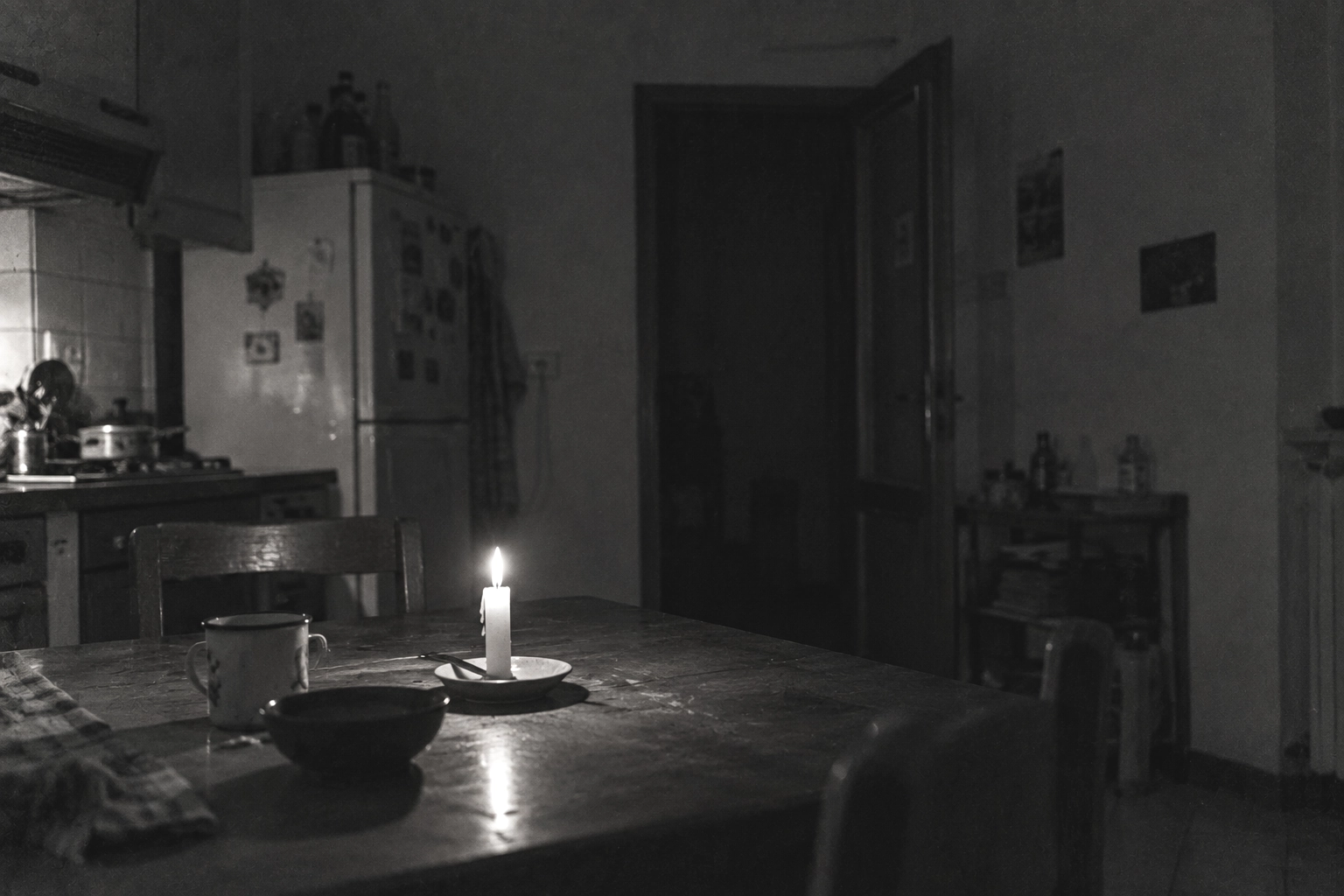 Cucina buia illuminata da una candela accesa sul tavolo, con una cena semplice preparata per una sola persona